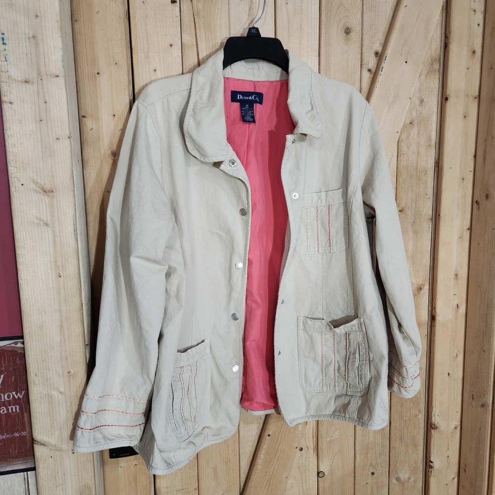 Denim & Co Khaki Beige Utility Barn Jacket Coral Lining Red Stitching 1X